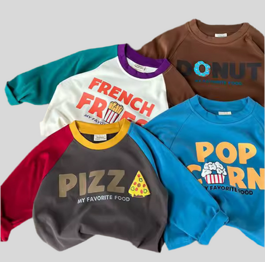 Trendy Cartoon Food Print Cotton T-Shirt – Boys & Girls Long Sleeve Top