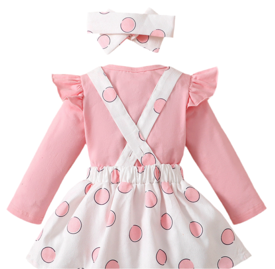 Polka Dot Rabbit Embroidered Suspender Dress Set with Headband