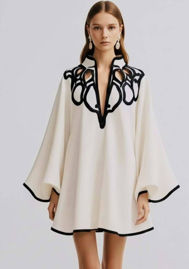 Hollowed V-Neck Mini Dress – Flared Sleeves A-Line Dress -White