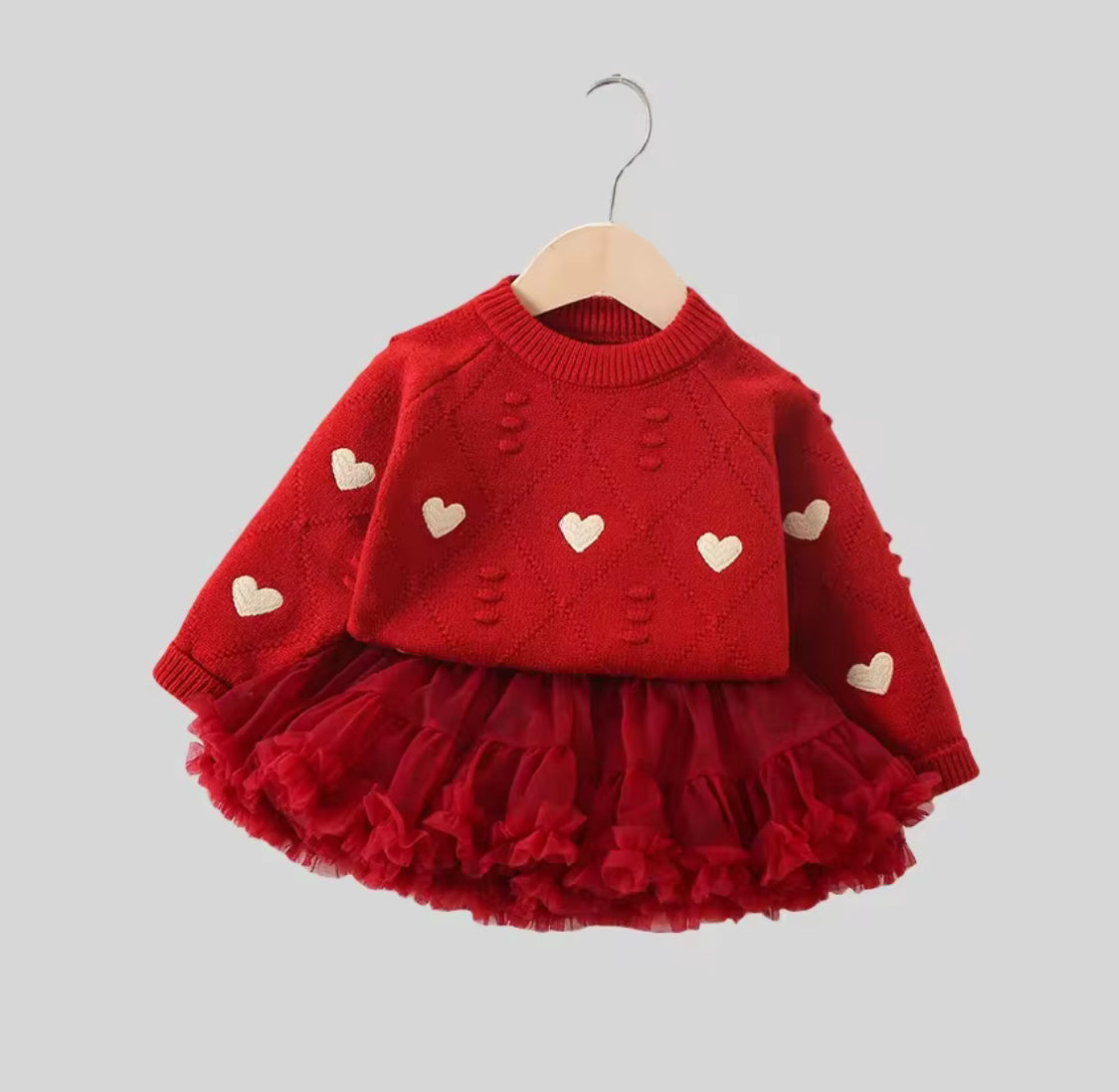 Heart Knit Sweater & Red Tulle Skirt
