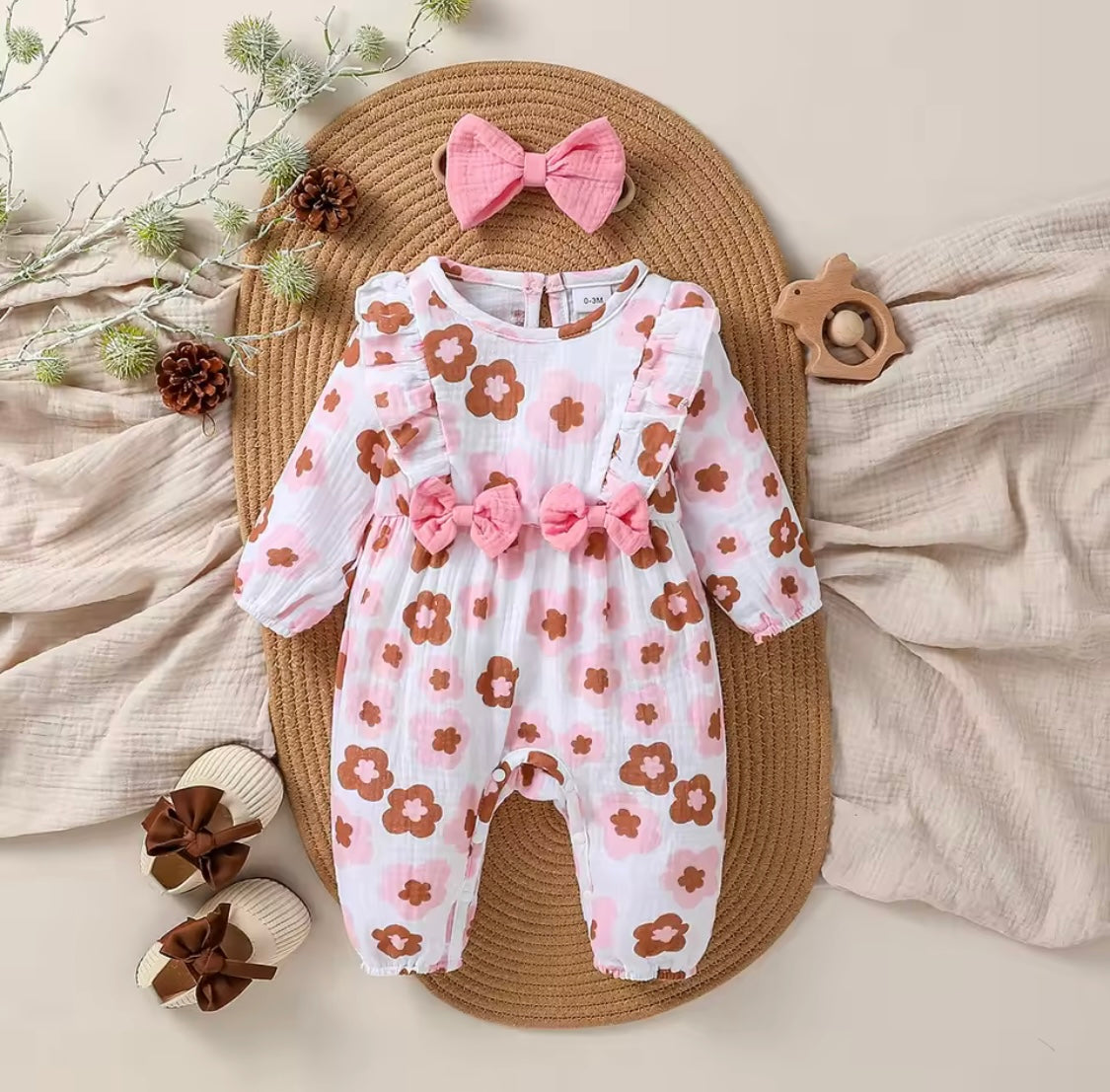 Baby Girl Floral Jumpsuit with Bow & Matching Headband – 0–18M