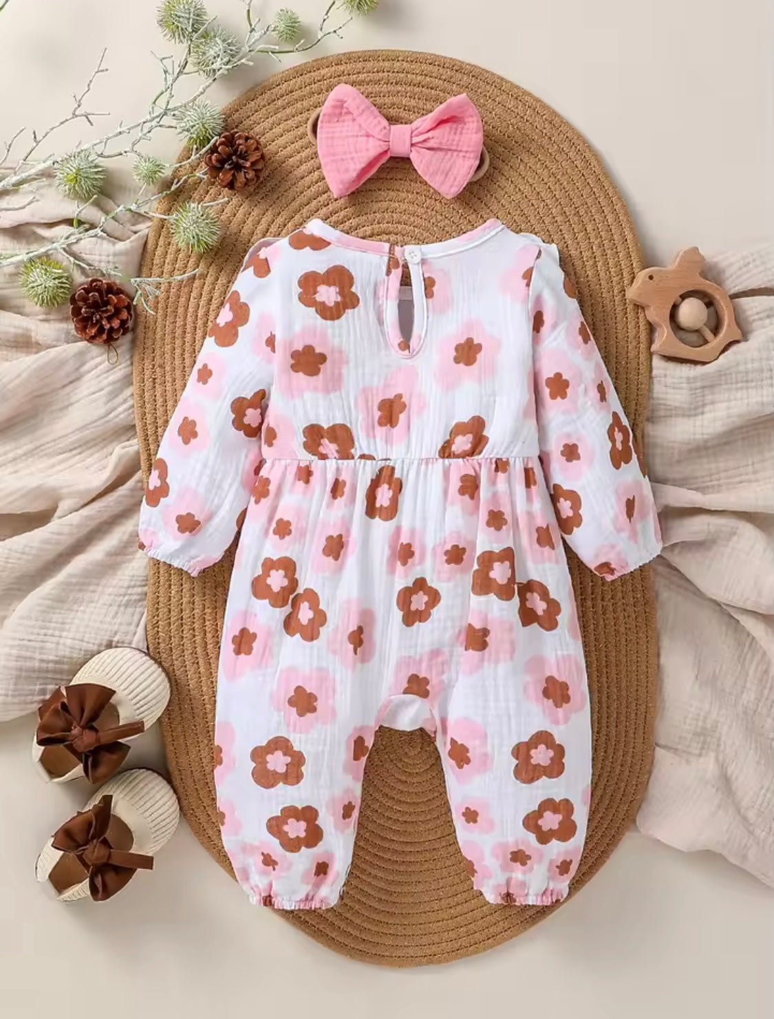 Baby Girl Floral Jumpsuit with Bow & Matching Headband – 0–18M