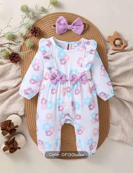 Baby Girl Floral Jumpsuit with Bow & Matching Headband – 0–18M