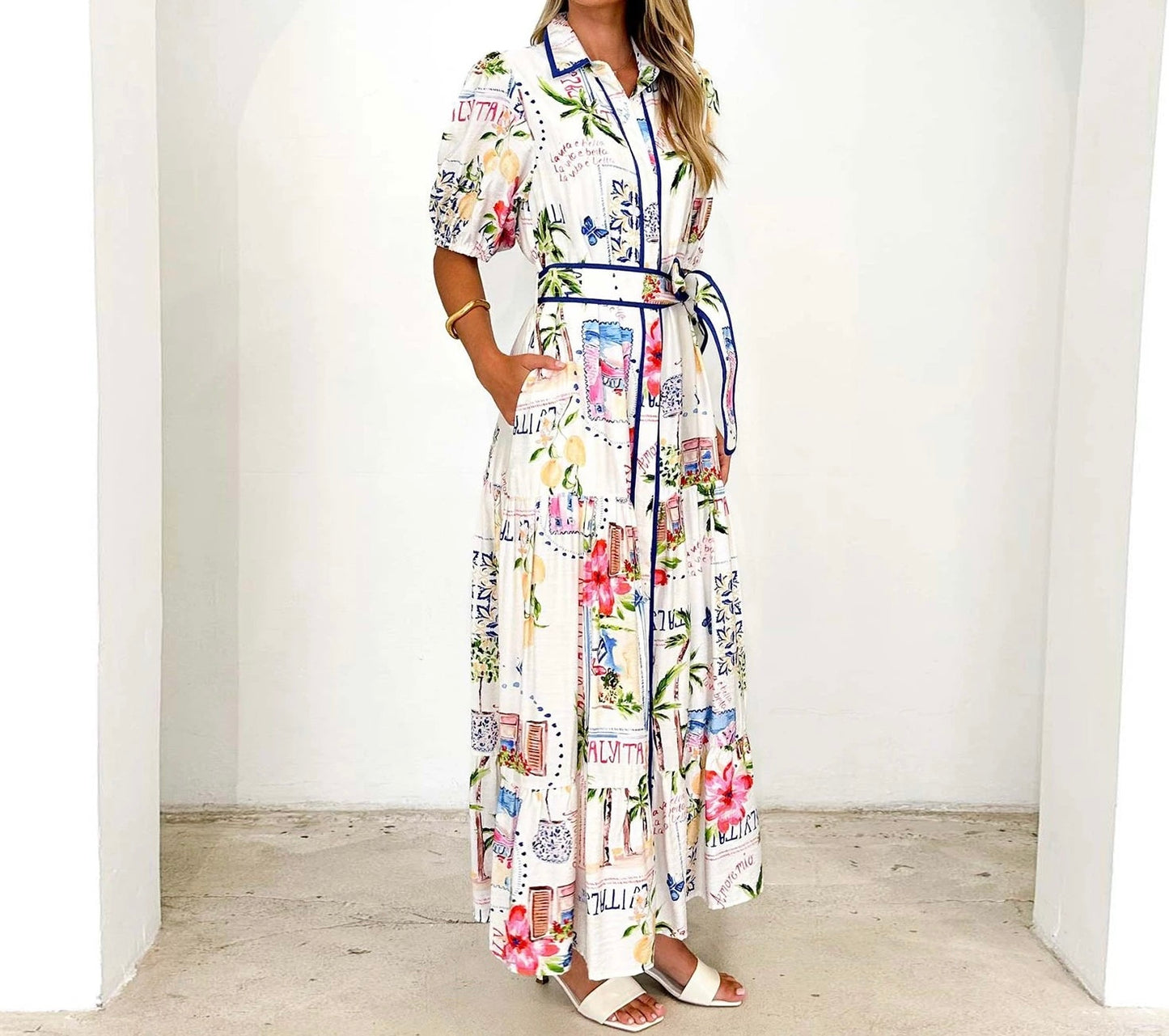 Women’s Vintage Floral Print Long Dress – Elegant A-Line Belted Maxi