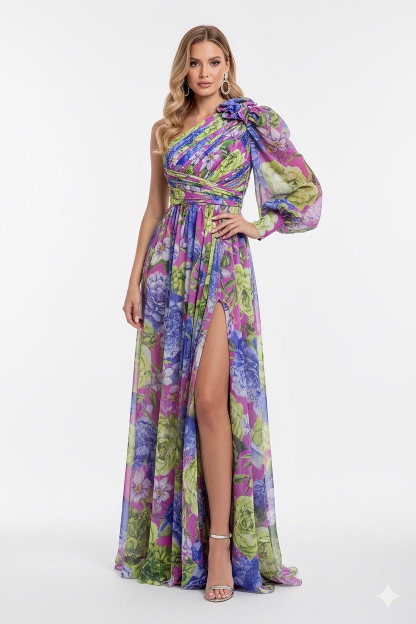 Women’s Long Sleeve Waist-Tied Print Slit Dress