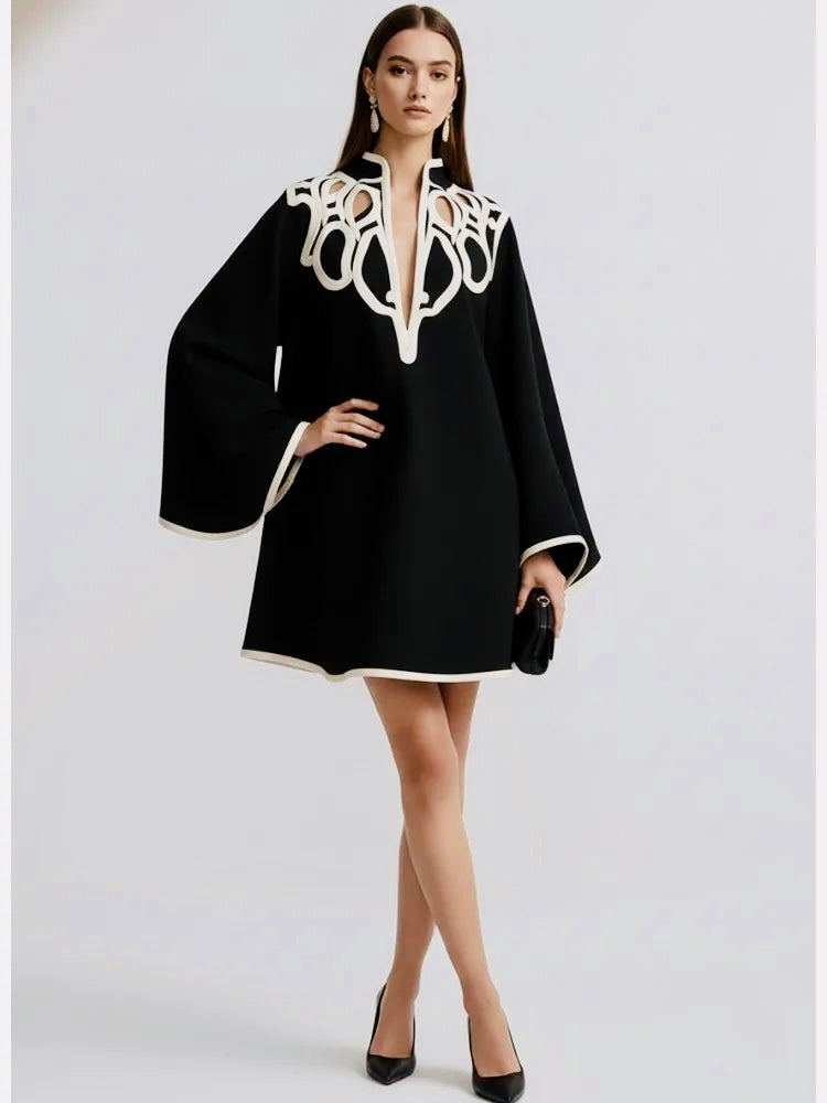 Hollowed V-Neck Mini Dress – Flared Sleeves A-Line Dress -Black