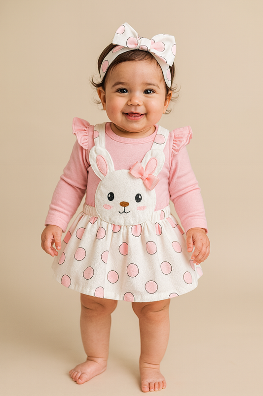 Polka Dot Rabbit Embroidered Suspender Dress Set with Headband