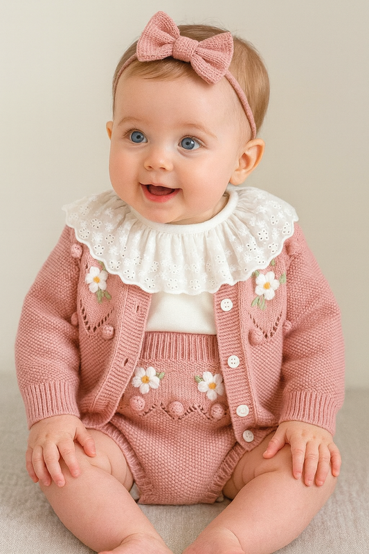 Newborn Handmade Flower Knit Set – Cardigan & Romper | 0–3Y ( Sold Separately)