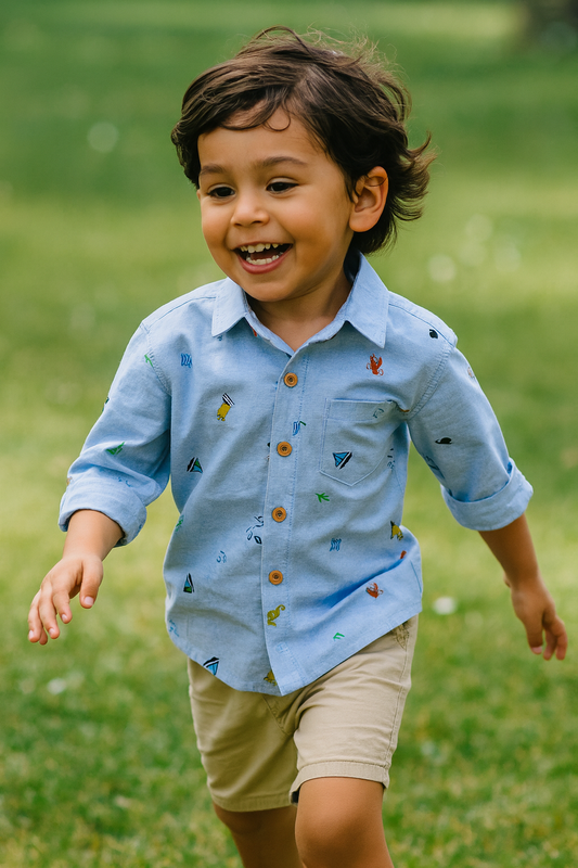 Boys’ Cartoon Print Long Sleeve Lapel Shirt – Casual Oxford Cotton Shirt (Ages 2–8)