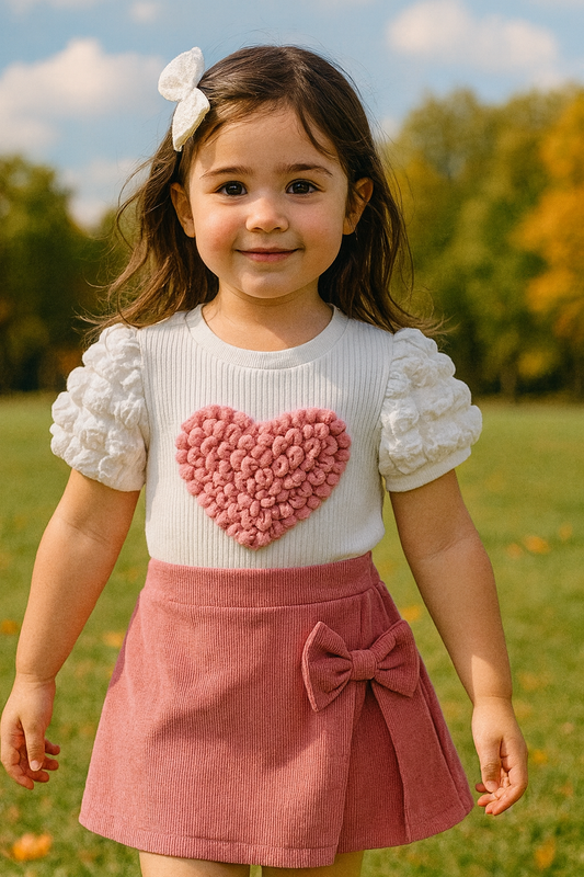 Toddler Girl Heart Puff-Sleeve Top & Pink Bow Shorts Set (1–6Y)