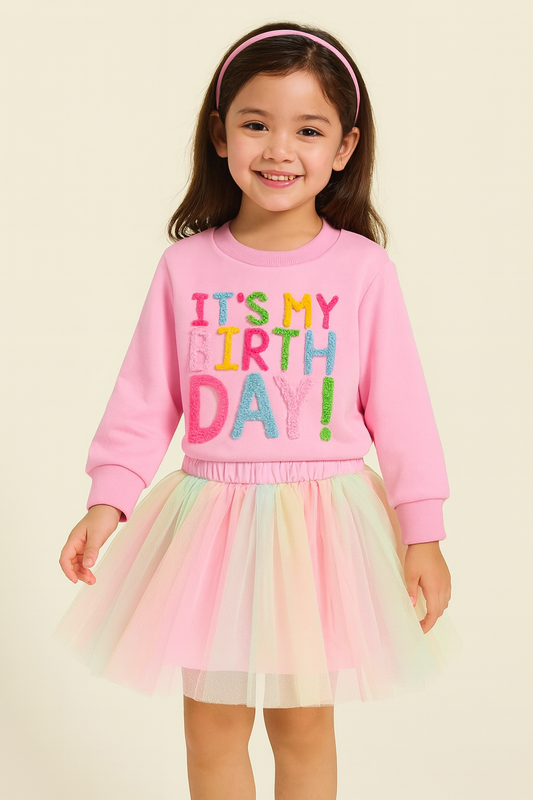 Toddler Birthday Outfit – Letter Print Sweatshirt & Rainbow Tutu Skirt