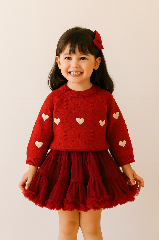 Heart Knit Sweater & Red Tulle Skirt