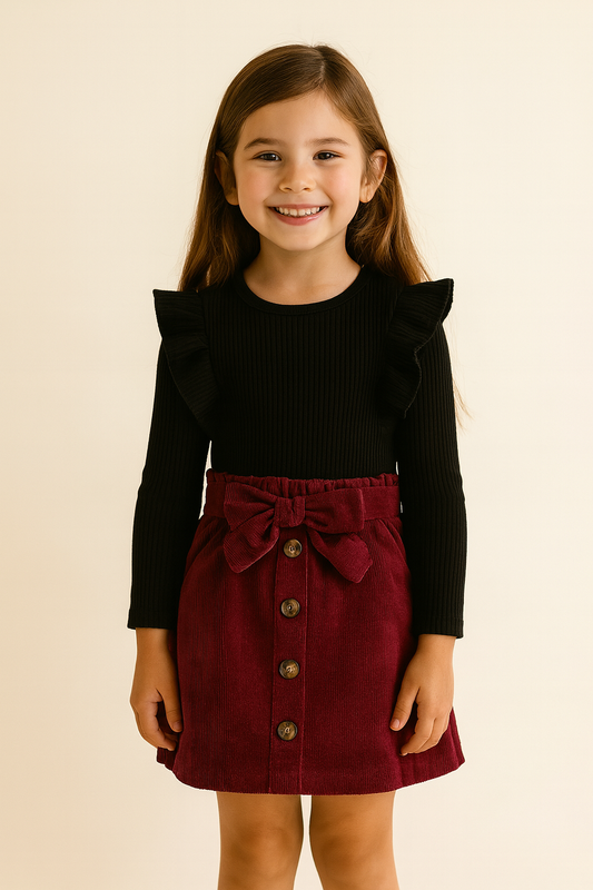 Kids Girls Autumn Clothes Set – Ruffle Knit Top + Belted Skirt