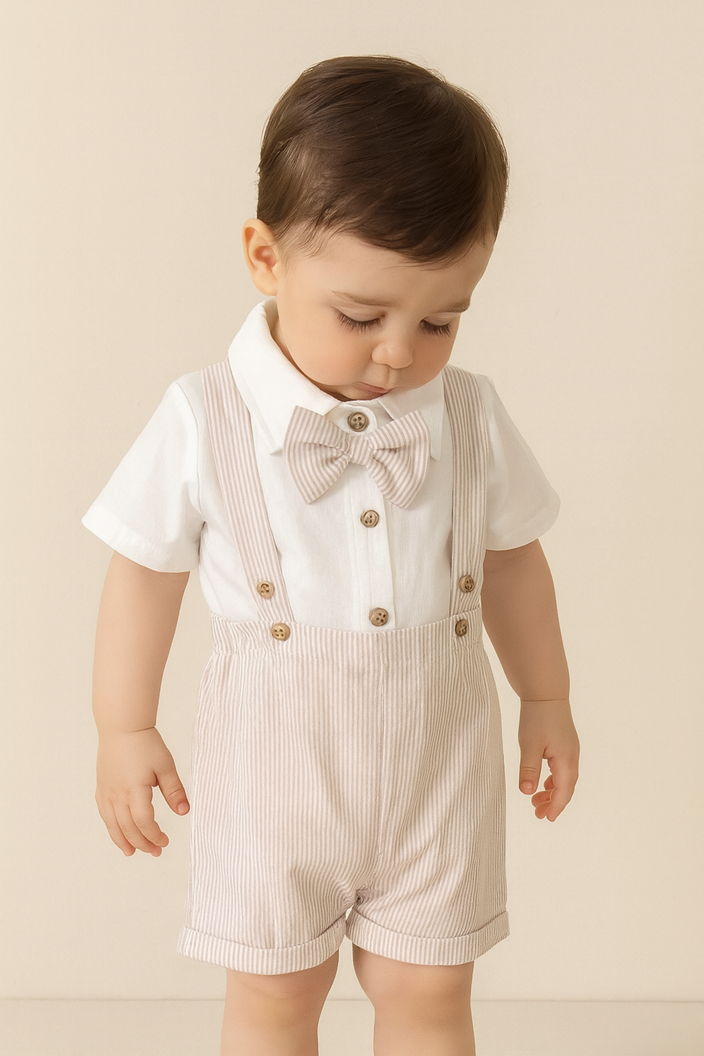 Baby Boy Gentleman Outfit – Summer Romper with Suspender Shorts & Bowtie