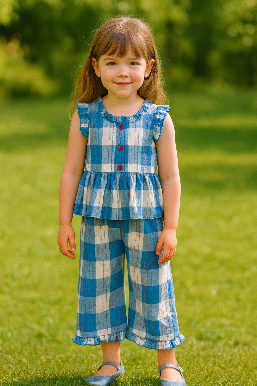 Girls’ Checkered Outfit Set – Sleeveless Top & Wide-Leg Pants