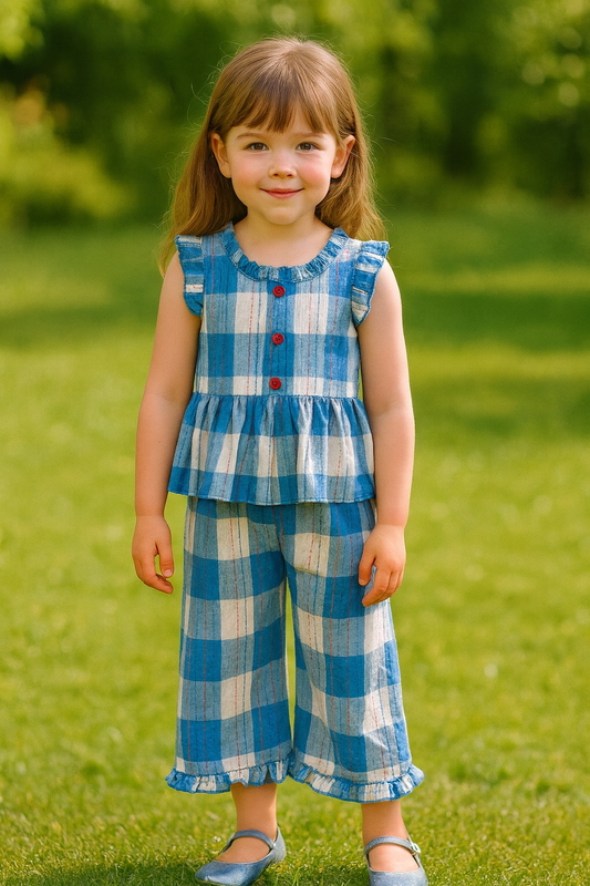 Girls’ Checkered Outfit Set – Sleeveless Top & Wide-Leg Pants