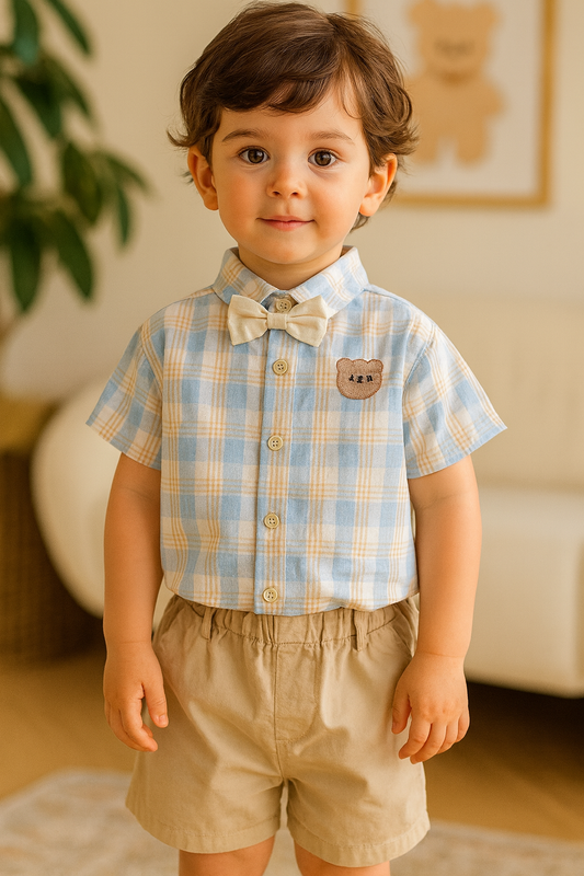 Summer Baby Boys Gentleman Outfit – Bow Tie Check Shirt & Shorts Set