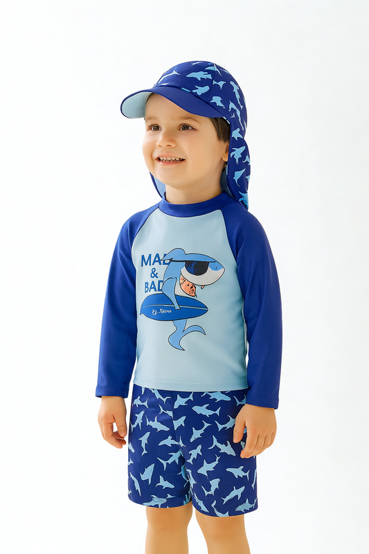 Toddler Boys Shark Print Rash Guard Swimwear Set – UPF 50+