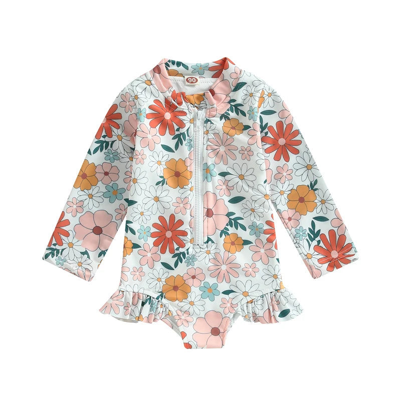 Baby Girl Floral Long Sleeve Swimsuit – Summer Beachwear