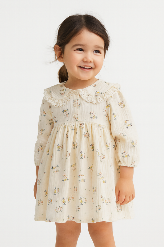 Autumn Floral Cotton Princess Dress with Lace Collar – Girls
