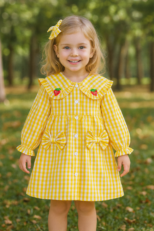 Sweet Strawberry Baby Girl Dress – Yellow Checkered, Long Sleeve (6M–3Y)