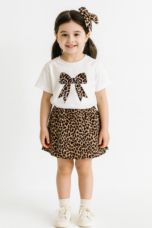 Girls Leopard Print Bowknot T-shirt