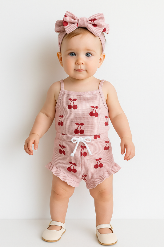 Baby Girls Summer Shorts Outfit – Cherry Romper & Headband Set