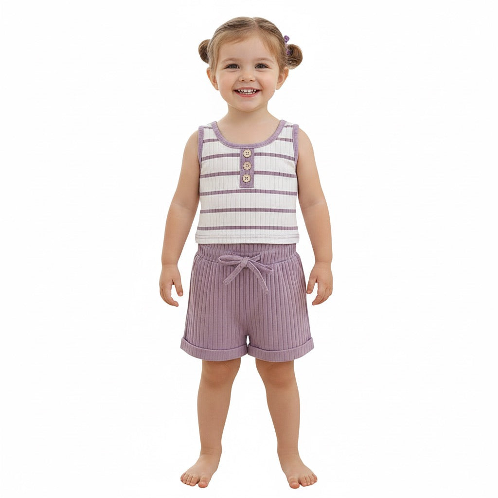 Ribbed Striped Sleeveless Buttoned Vest Tops & Shorts Set