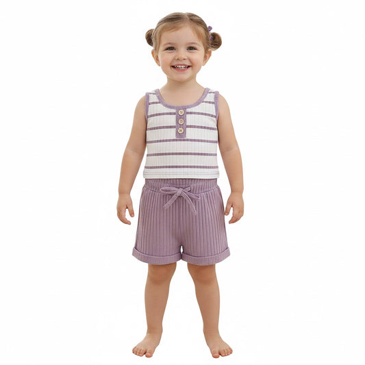 Ribbed Striped Sleeveless Buttoned Vest Tops & Shorts Set