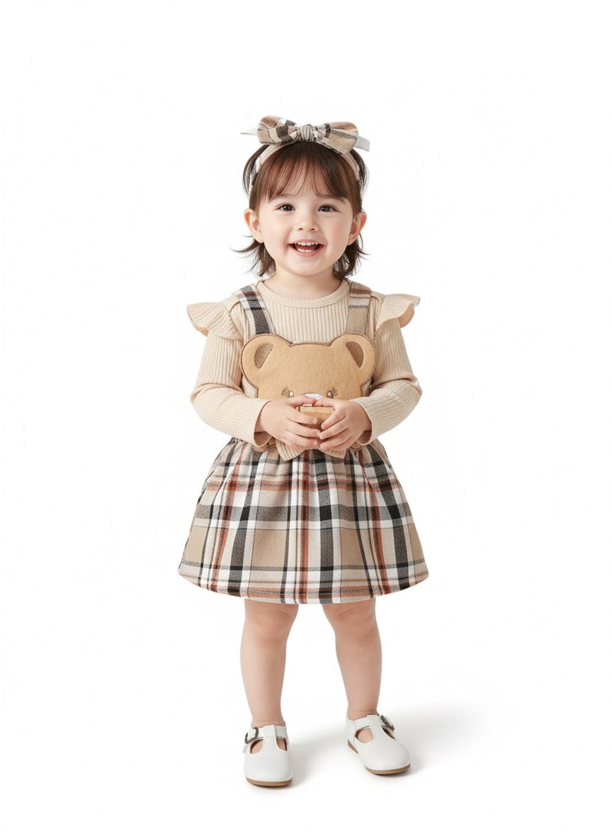 Baby Girl Apricot Long Sleeve Jumpsuit & Bow Grid Strap Skirt Set (0–18M)