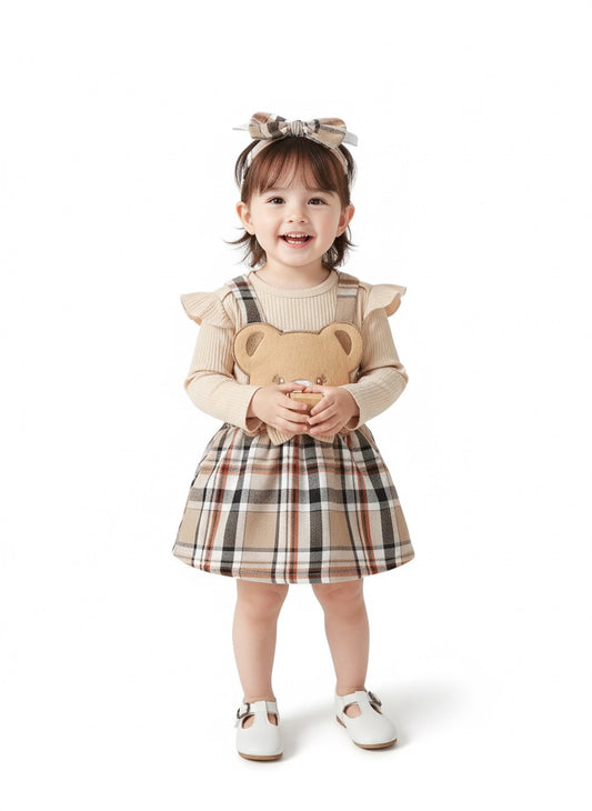 Baby Girl Apricot Long Sleeve Jumpsuit & Bow Grid Strap Skirt Set (0–18M)