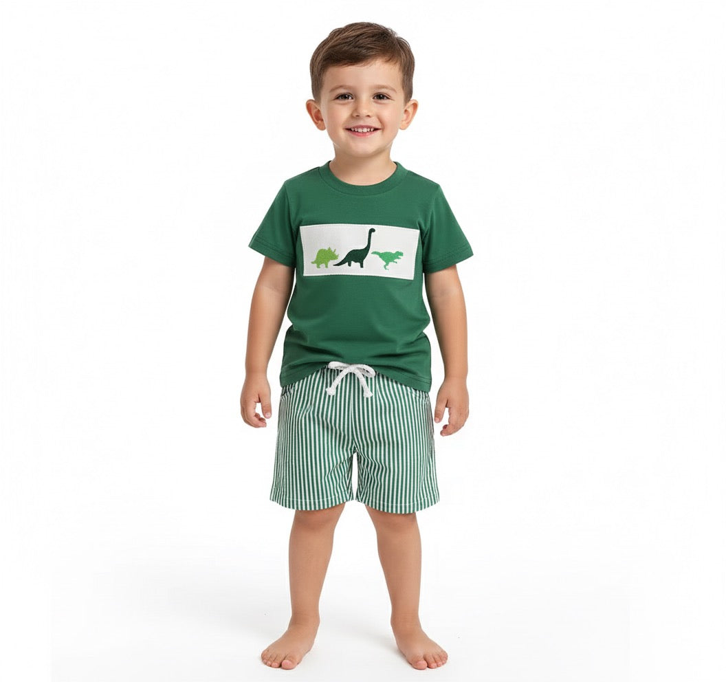 Toddler Boy Summer Outfit – Whale/Dinosaur/Turtle Tee & Striped Shorts (2-Piece Set)