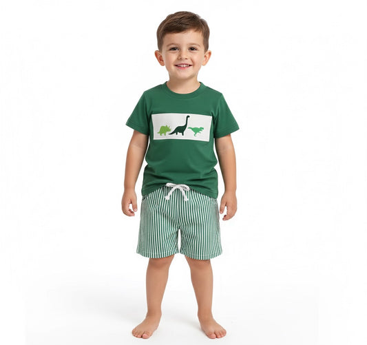 Toddler Boy Summer Outfit – Whale/Dinosaur/Turtle Tee & Striped Shorts (2-Piece Set)
