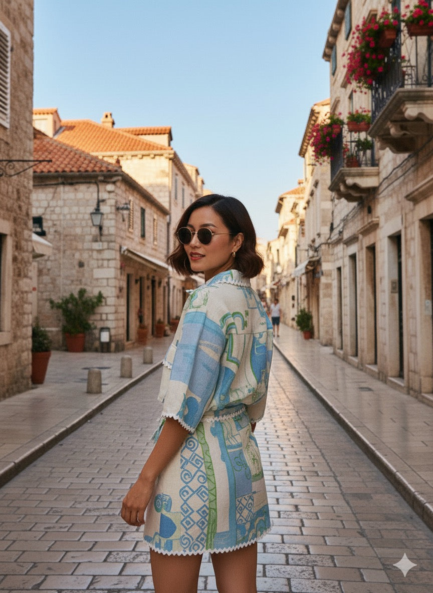 2PCS Summer Women’s Skirt Set – Printed Shirt + Asymmetrical A-line Skirt