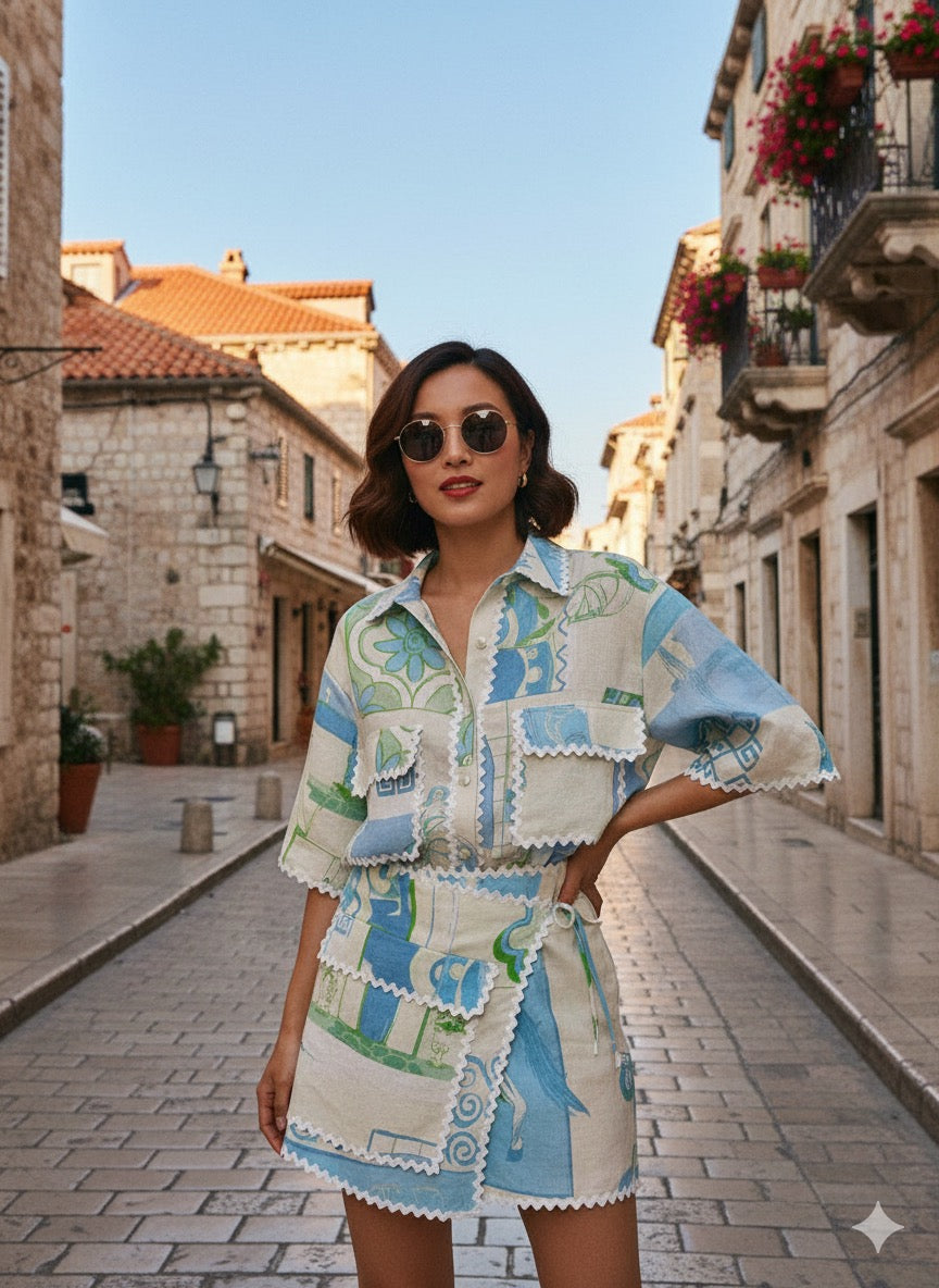 2PCS Summer Women’s Skirt Set – Printed Shirt + Asymmetrical A-line Skirt