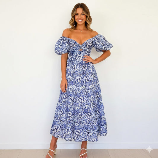 New Hollow Out Puff Sleeve Maxi Dress
