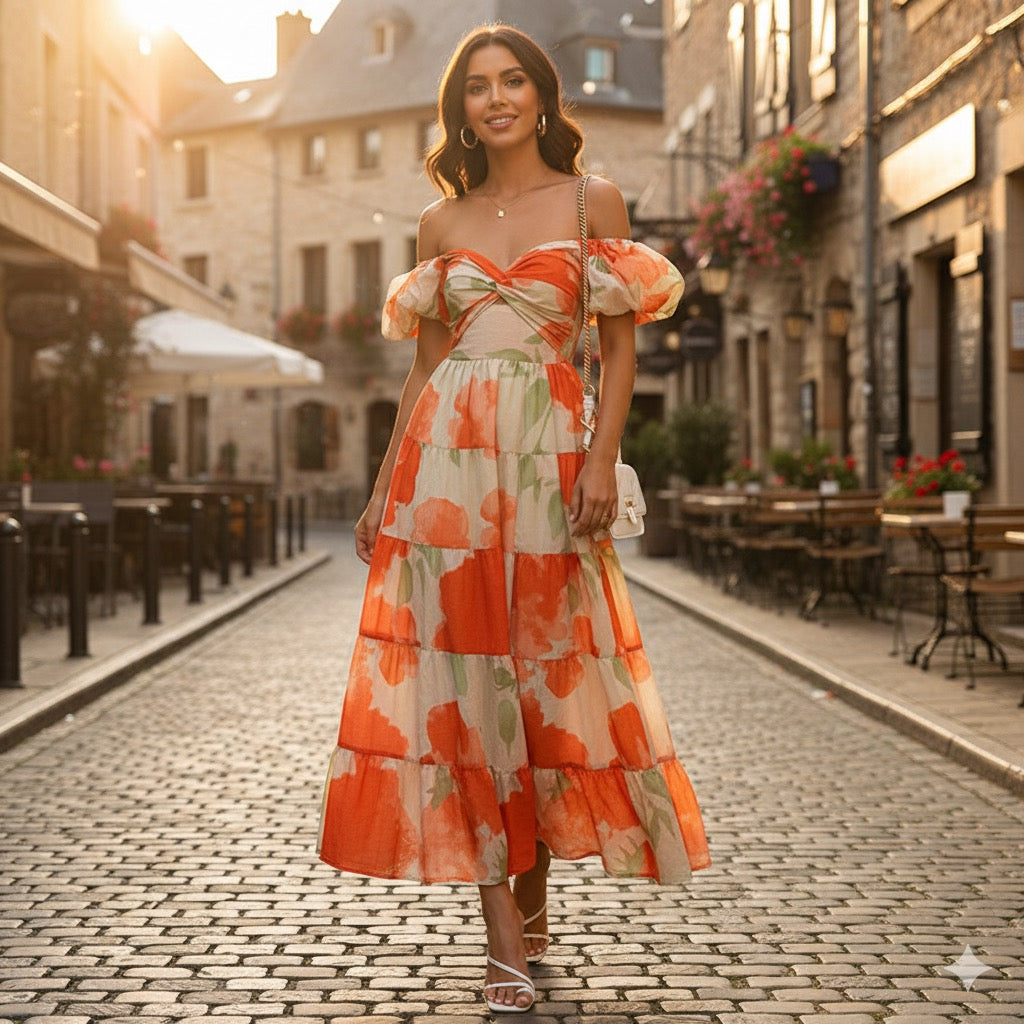 New Hollow Out Puff Sleeve Maxi Dress