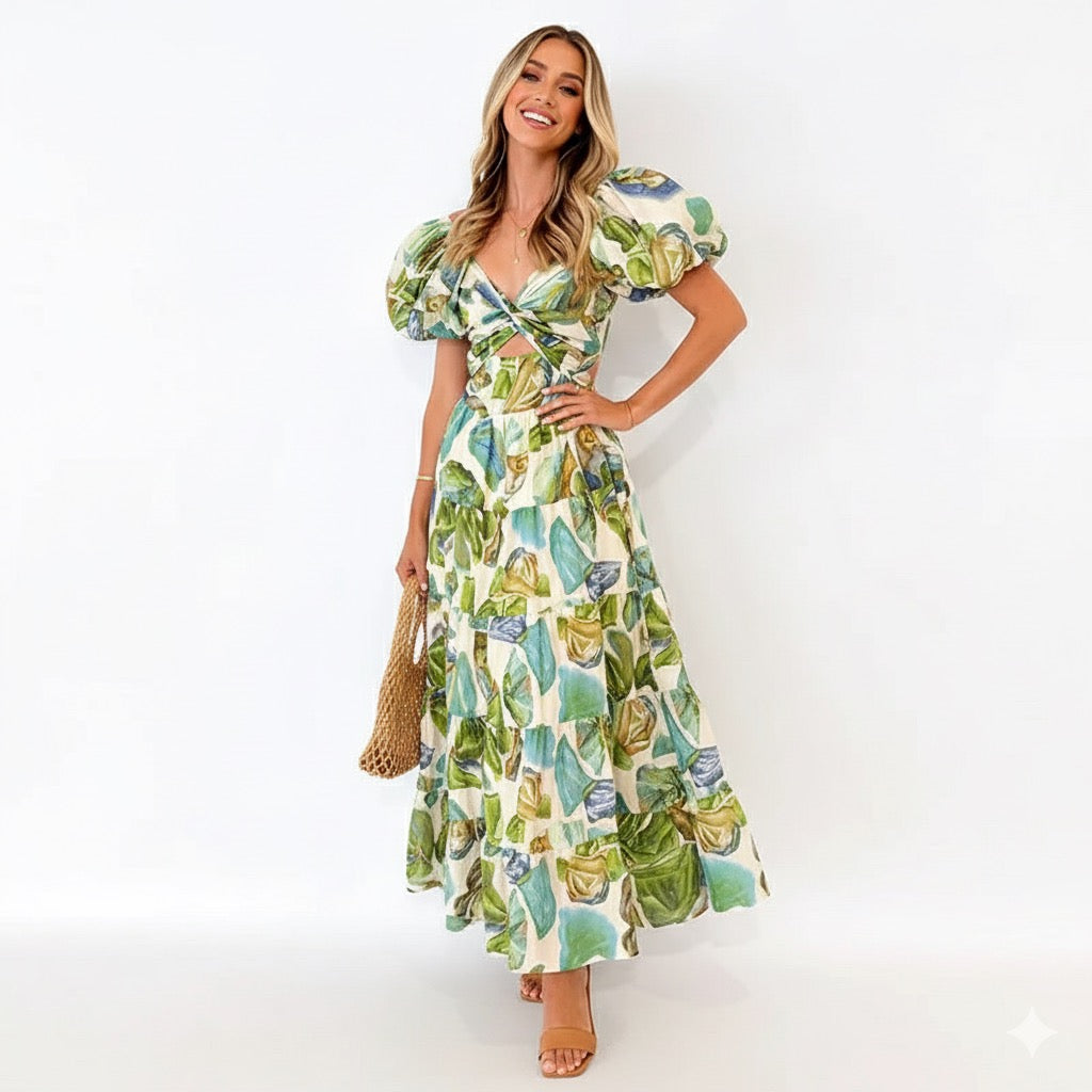 New Hollow Out Puff Sleeve Maxi Dress