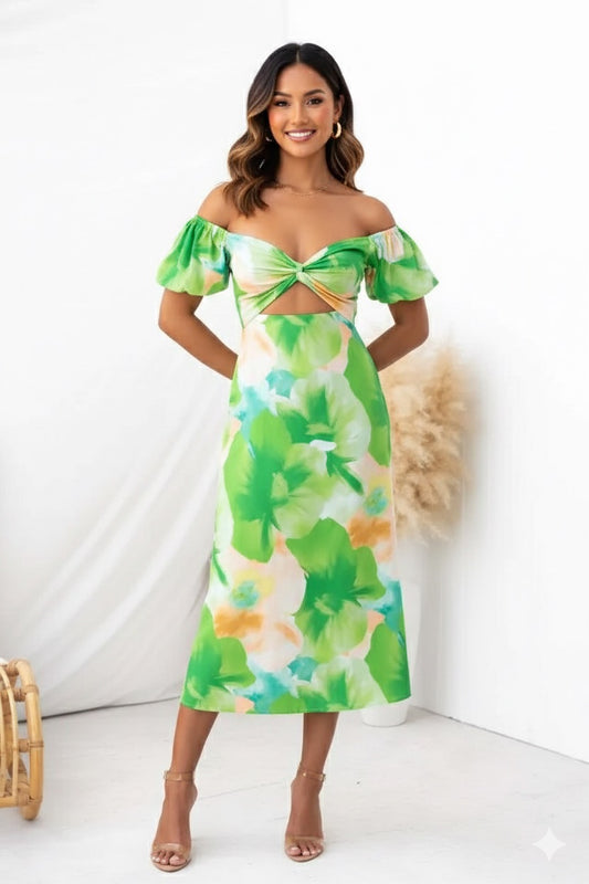 Women’s Puff Sleeve Floral Print Long Dress – V-Collar Hollow Out Design