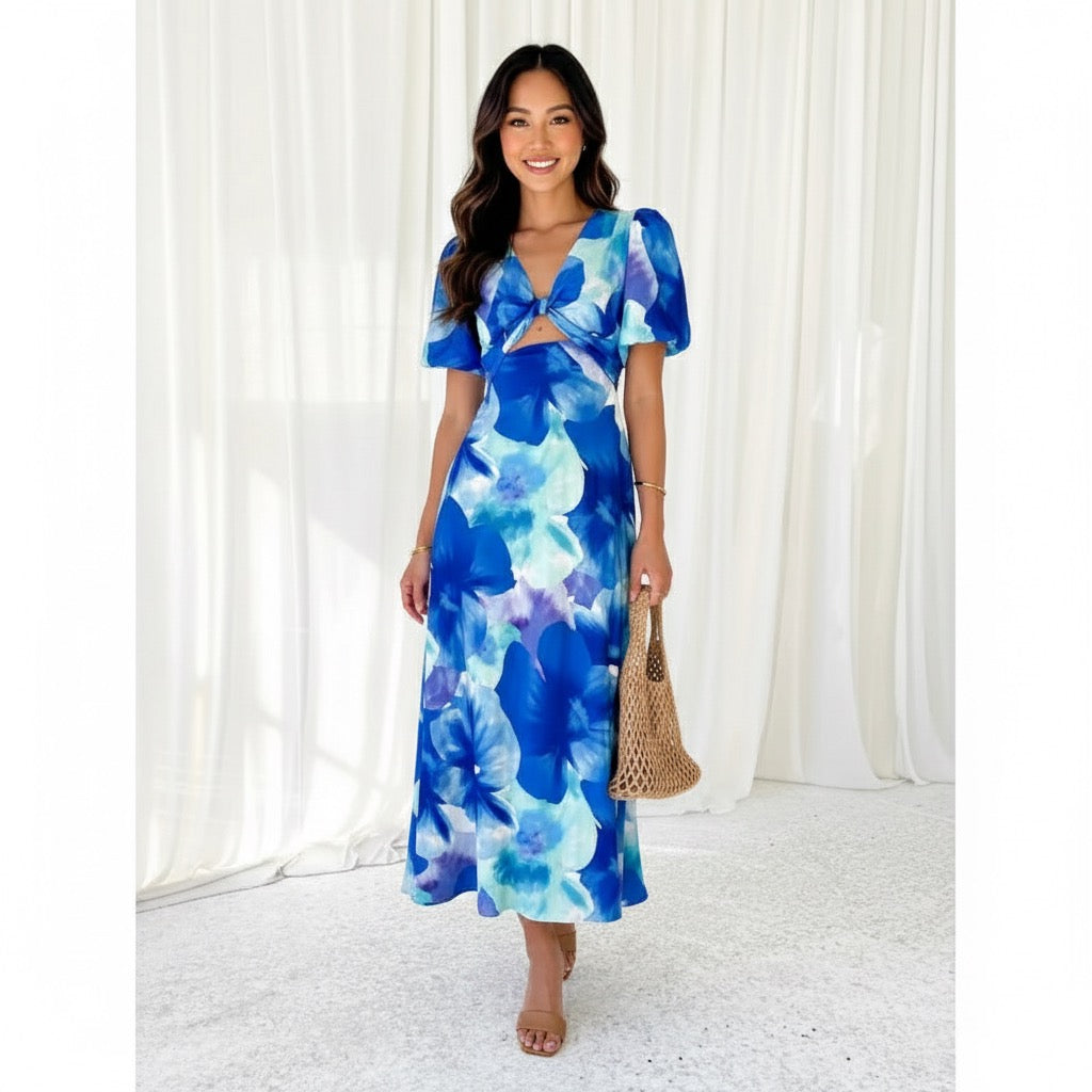 Women’s Puff Sleeve Floral Print Long Dress – V-Collar Hollow Out Design