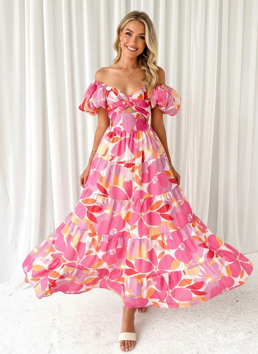 New Hollow Out Puff Sleeve Maxi Dress