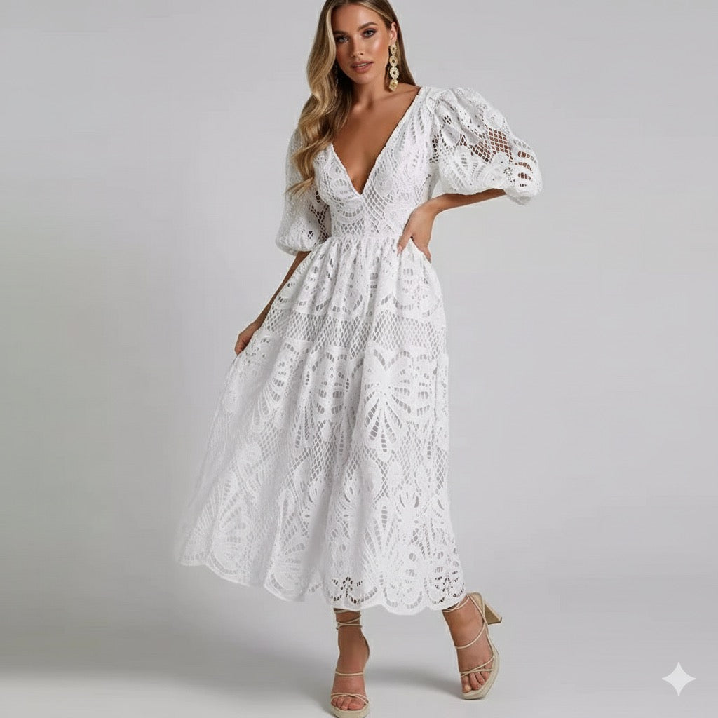 Women’s Embroidered Lace Puff Sleeve A-Line Dress