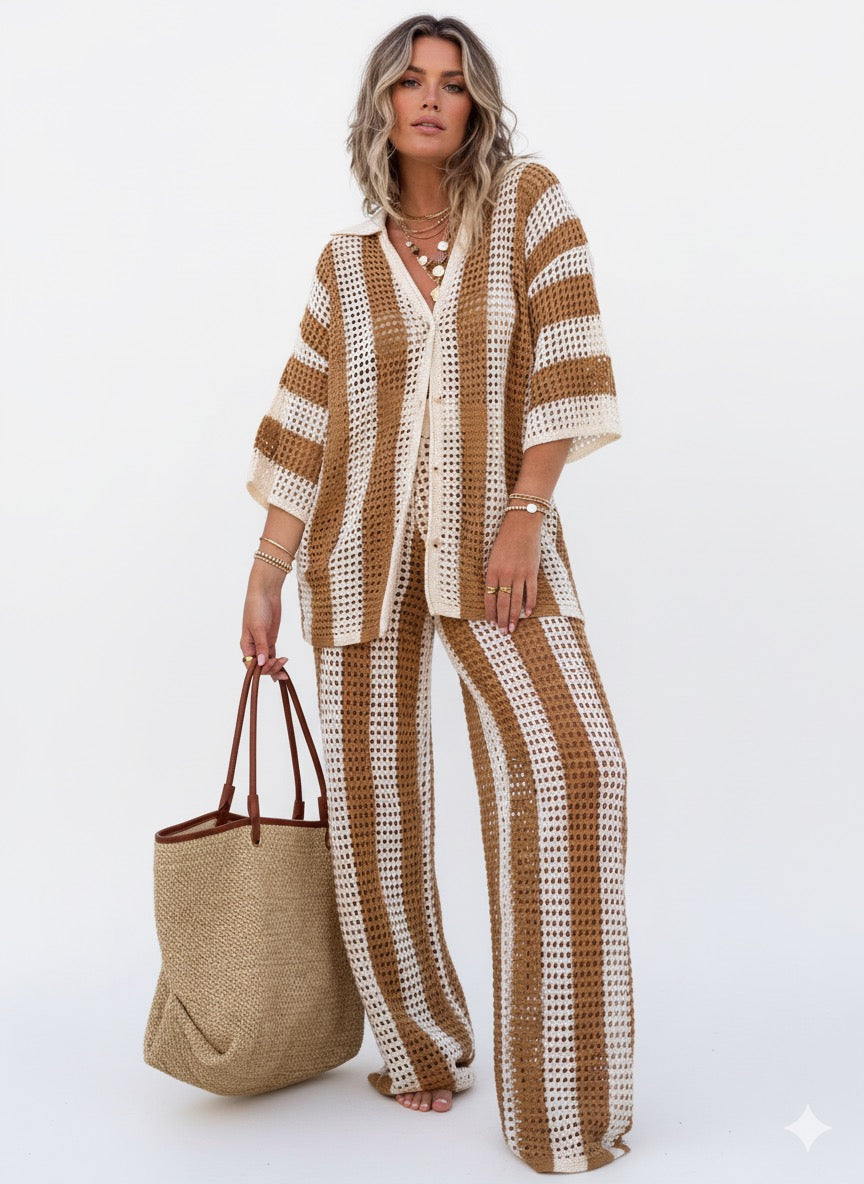 Women’s Striped Knit Two-Piece Set – V-Neck Top & Wide-Leg Pants