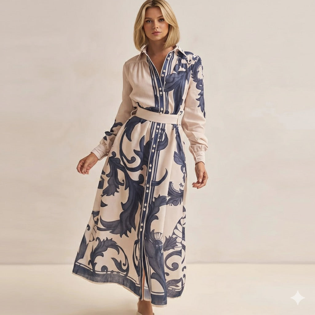 Elegant Lapel Pleated Contrast Long Dress