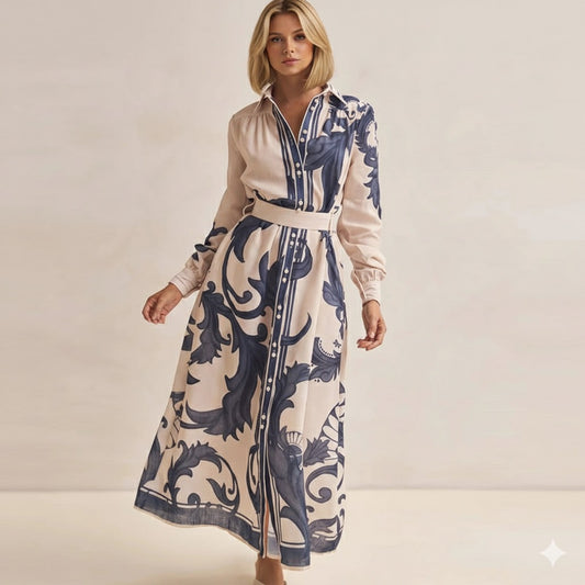 Elegant Lapel Pleated Contrast Long Dress