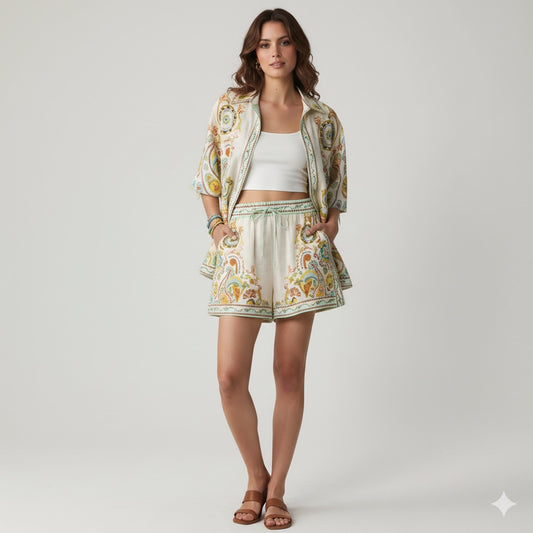 Elegant High Waist Floral Print Top & Shorts – Summer Casual Outfit