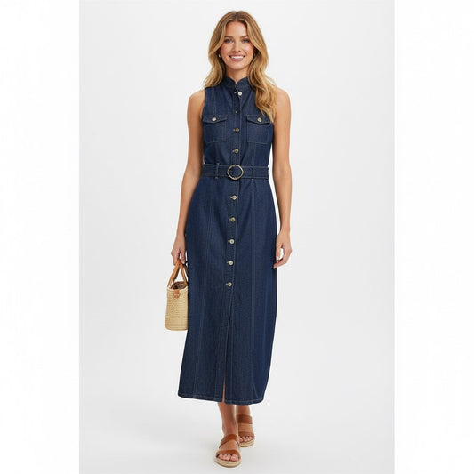 Women’s Belted Denim Midi Dress