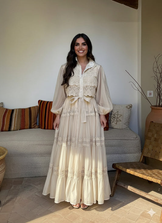 Hollow Out Embroidery Patchwork A-line Long Dress