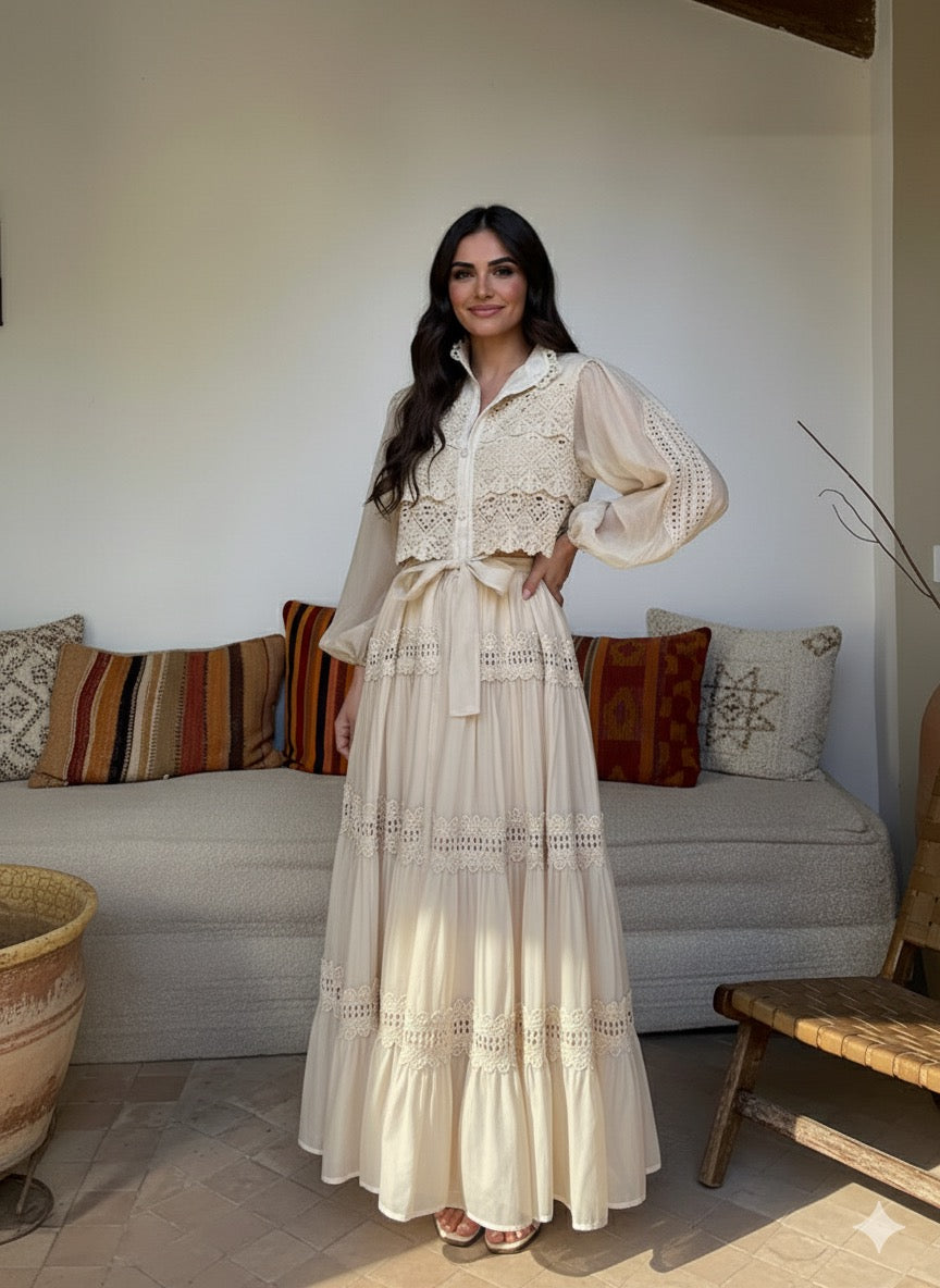 Hollow Out Embroidery Patchwork A-line Long Dress