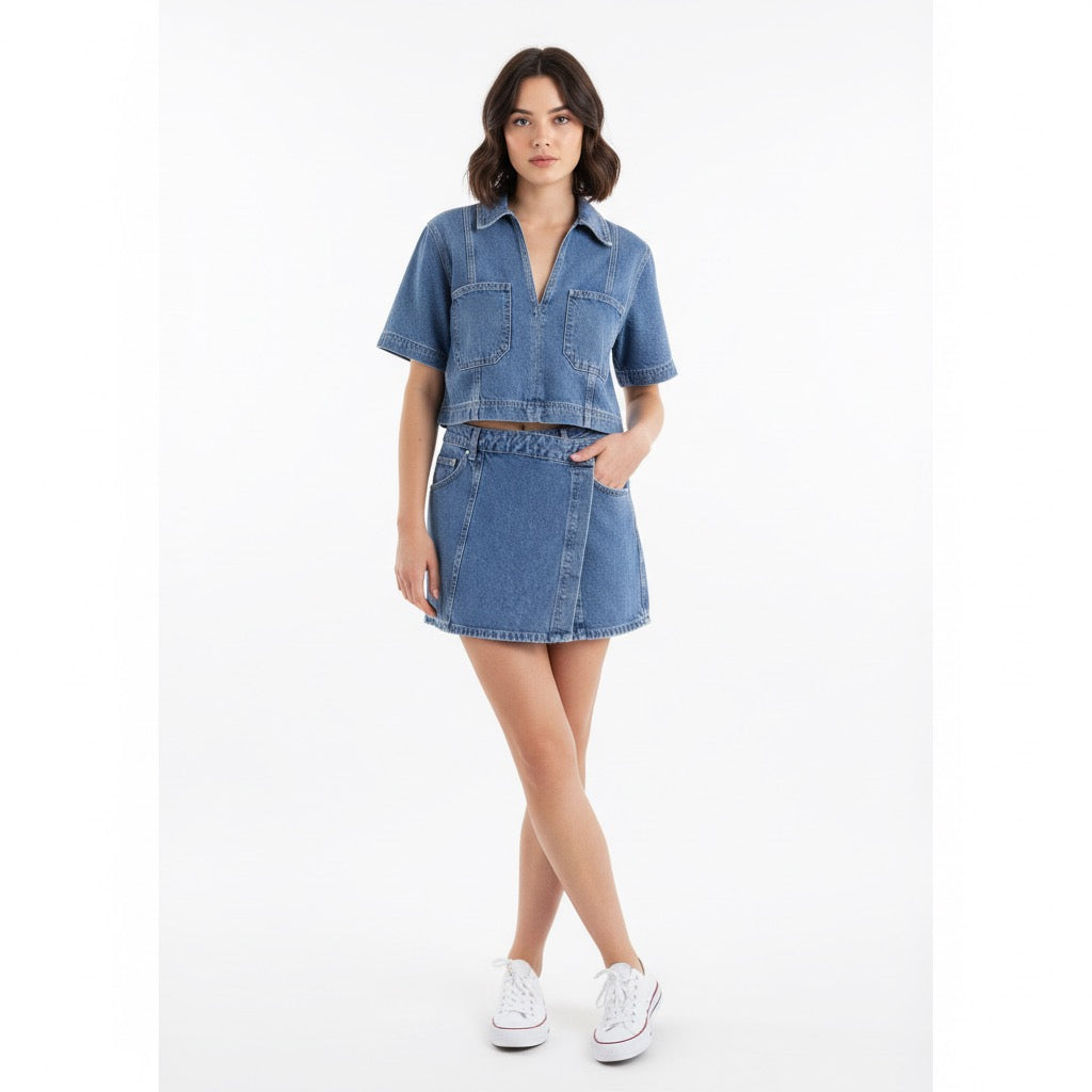 Women’s Denim Suit – V-Neck Top & Asymmetrical Culottes